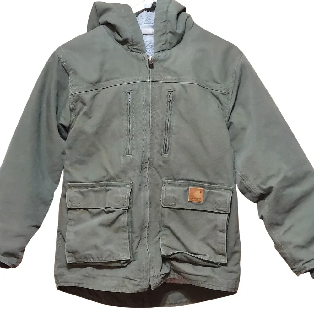 Carhartt Kids M 10/12 Sherpa Lined Hooded Canvas Work Jacket Parka Green RN13706